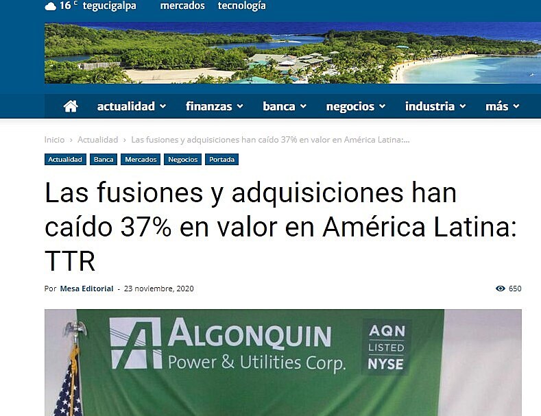 Las fusiones y adquisiciones han cado 37% en valor en Amrica Latina: TTR